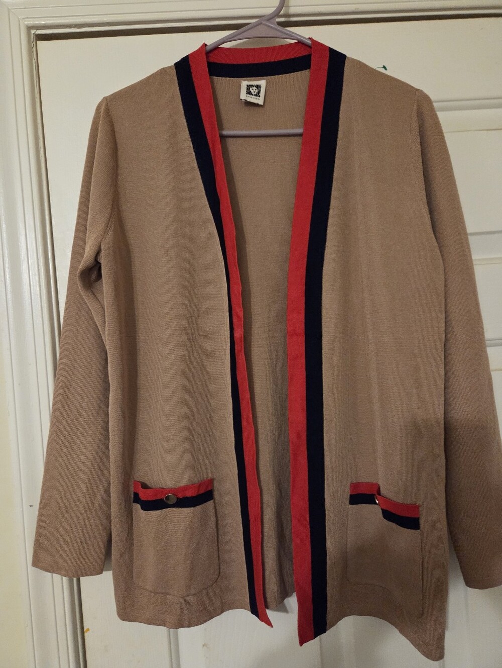 Anne Klein Tan Open-Front Cardigan with Red & Black Trim
